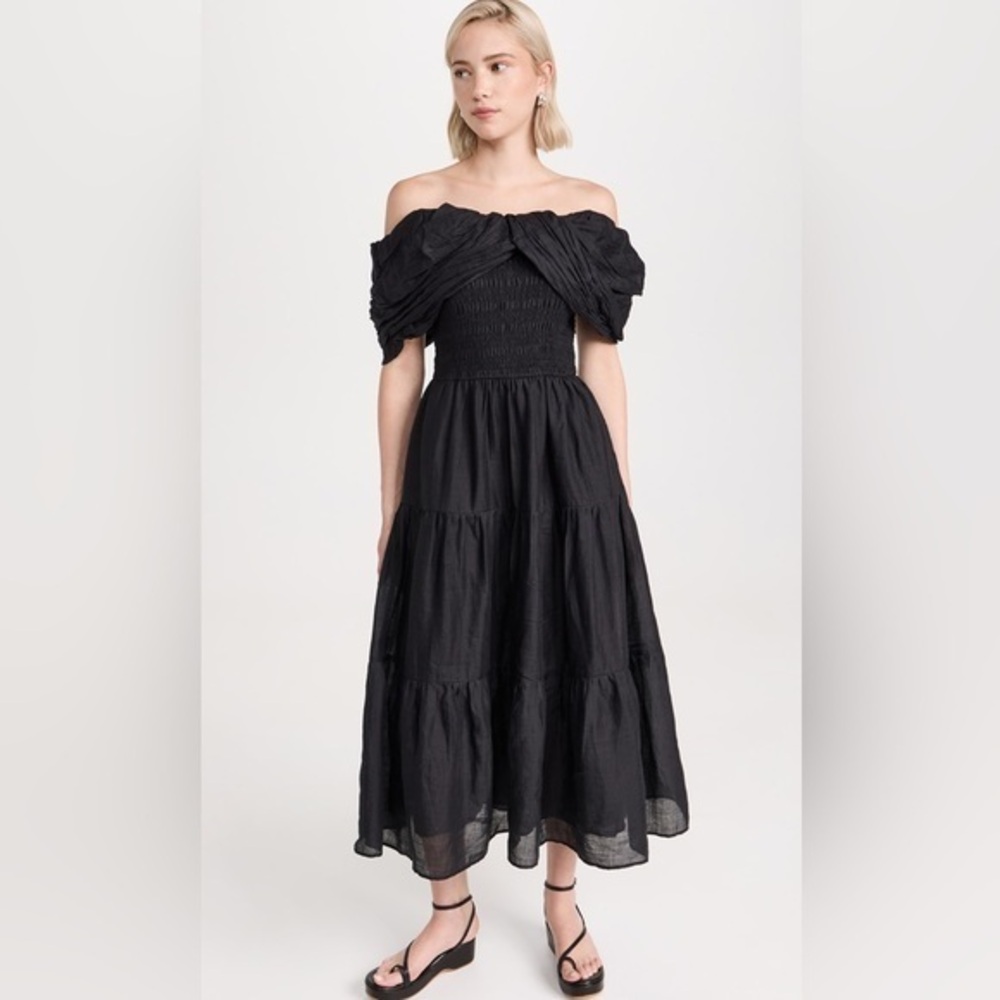 Sea Loren Offshoulder Gathered Ramie Midi Dress in Black Size Extra Small